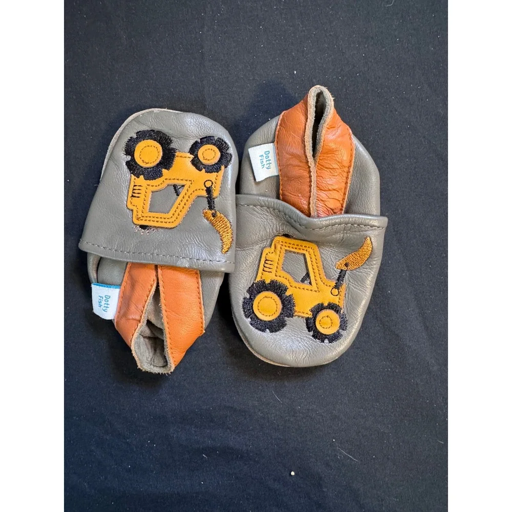 Dotty Fish Grey Orange Leather‎ Digger Construction Baby Shoes 6-12 Months